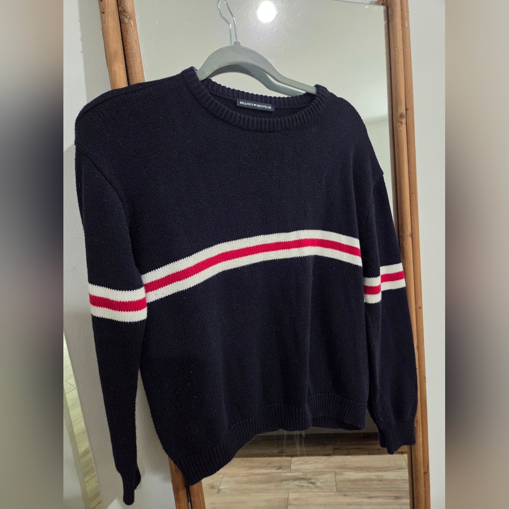 Brandy Melville Navy Sweater with Red and White Stripes